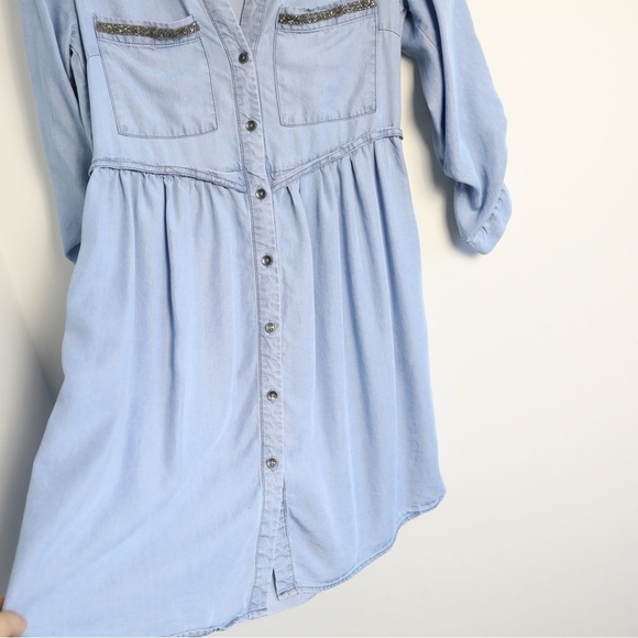 Dex chambray dress roll tab sleeve XS glitter pockets trim short mini tencel - Picture 5 of 9